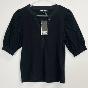 DKNY Jeans Blouse Womens Size Small Black Henley Eyelet Sleeve NWT NEW